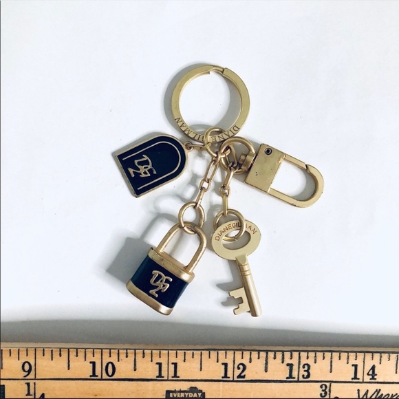 Vintage DG2 Purse Charms Keychain Black Gold Belt Chain Diane Gilman Key Lock - Picture 5 of 8